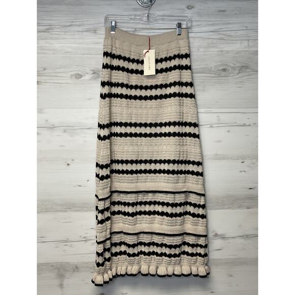 Solitaire Skirt Womens Large Beige Black Striped Knit Boho Pom Pom Hem Lined - Picture 1 of 11